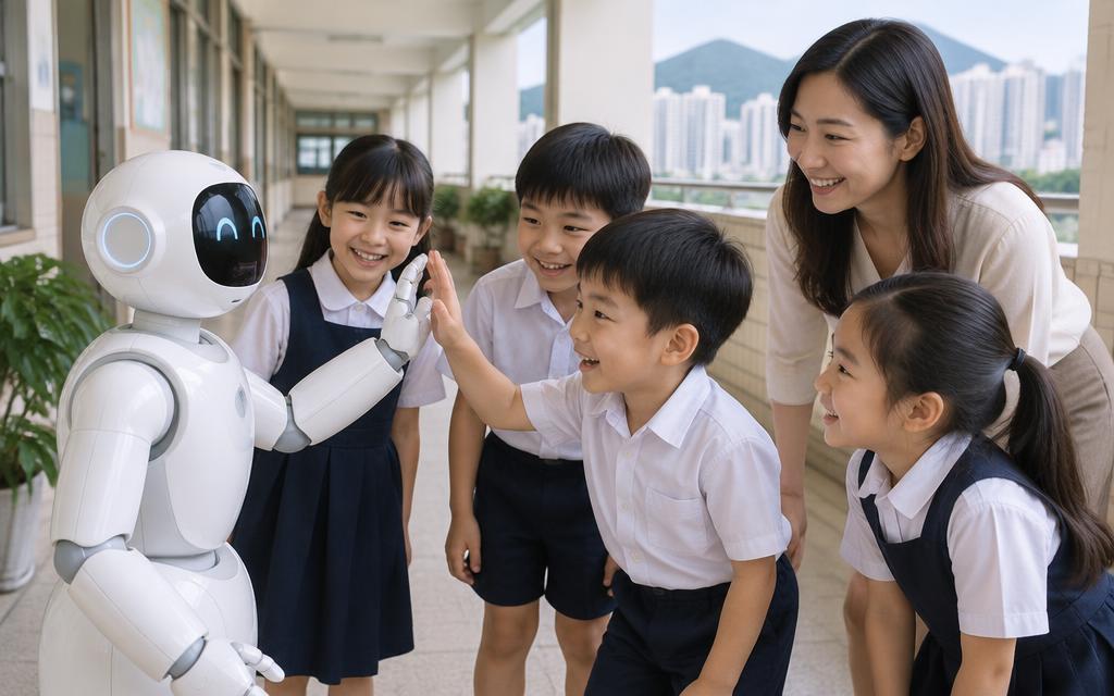 學校走廊教育機器人與學生互動
